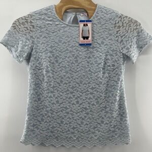 Teddi Rose Top Womens Large Light Blue Lace Floral Short Sleeve Blouse Scallop